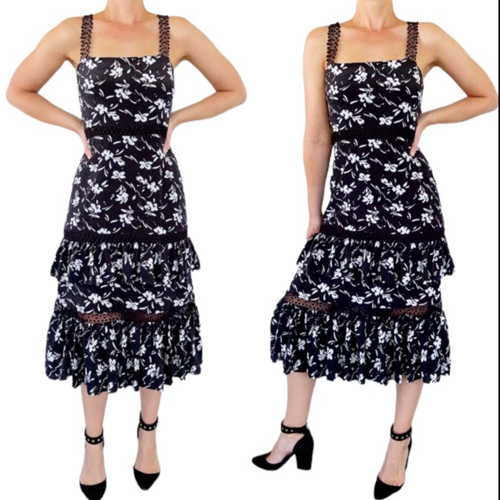 Prabal Gurung silk black white floral lace tiered midi length dress size 6